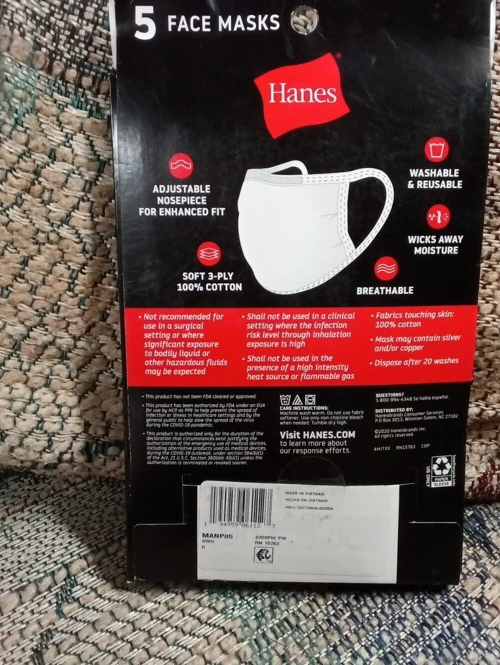 Hanes White 5 Face Mask Multi-Pack Boxes (3-Pack)